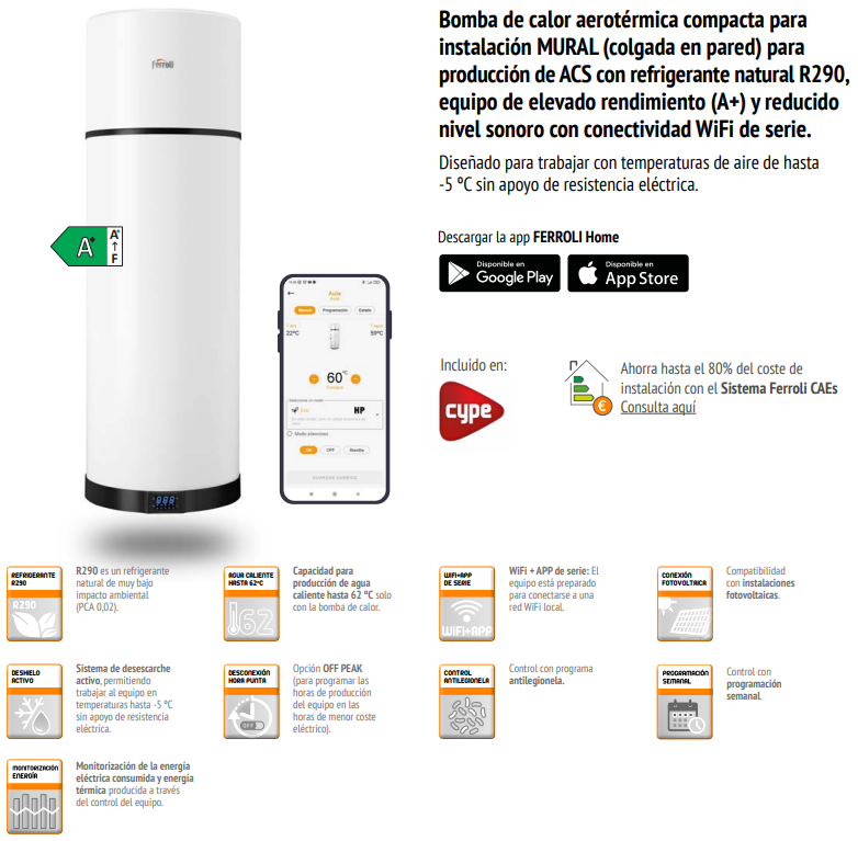 Prestaciones de la Bomba de Calor Aerotermia ACS FERROLI EGEA TECH LT MURAL